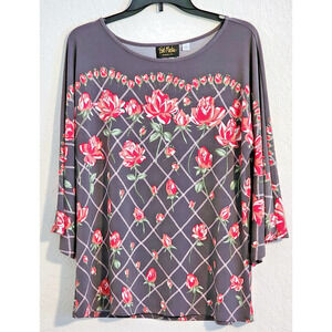 TOP/BLOUSE-BOB MACKIE WEARABLE ART-Dark Gray-Roses-Bell Sleeves-Size SMALL
